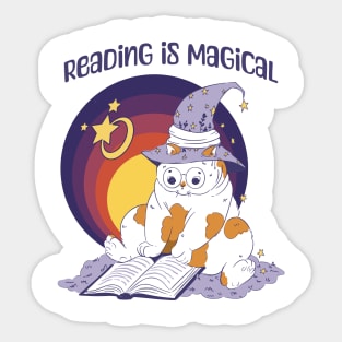 Reading Is Magical Adorable Cat in Witch Hat design Sticker